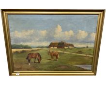 Continental school : Two horses in a field, oil on canvas, 97cm by 68cm.