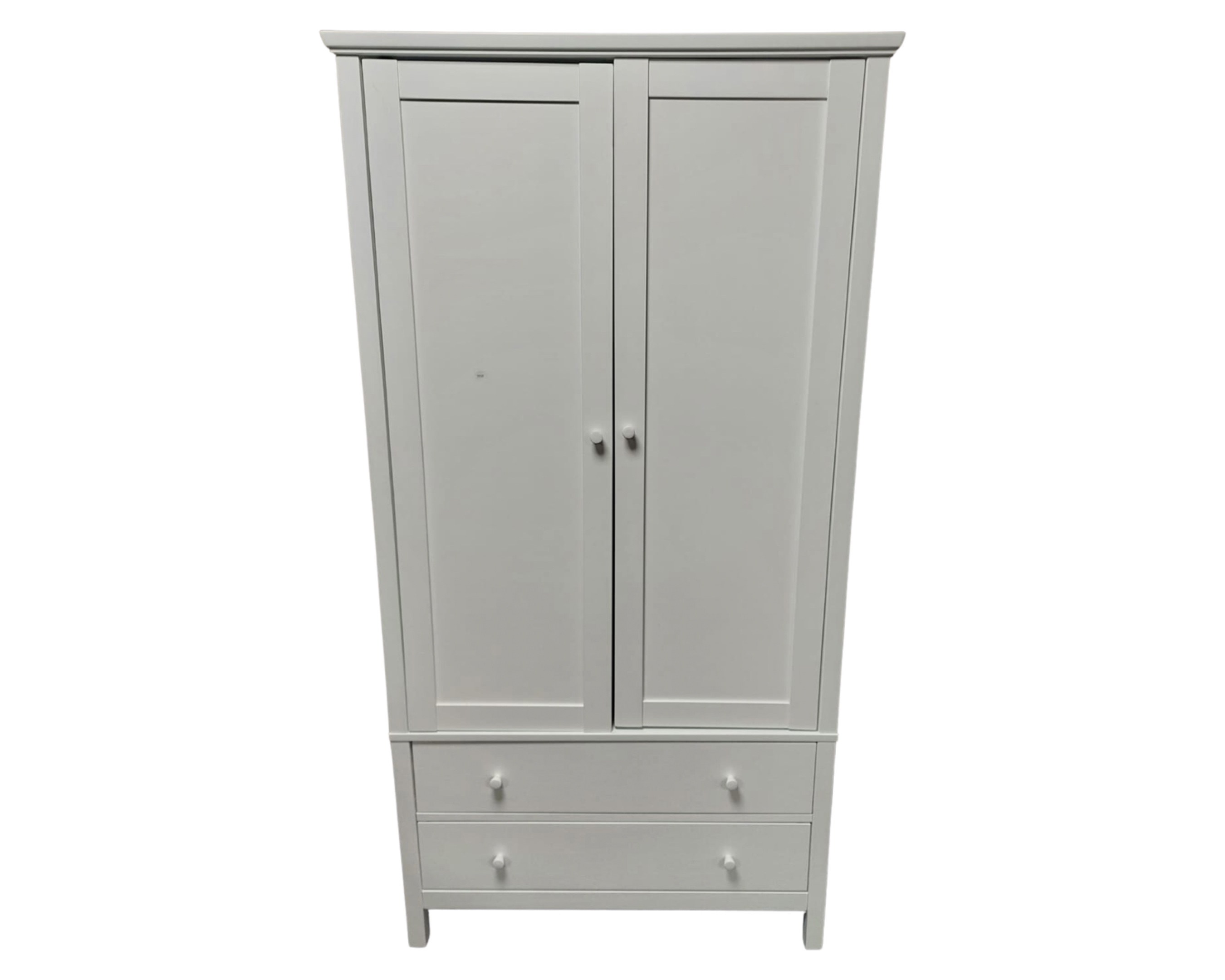 A contemporary white double door wardrobe fitted with two drawers