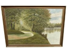 Continental school : Trees by a lake, oil on canvas, 110cm by 75cm.