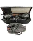 A case and holdall containing an Easi-rect projection surface, a pair of stage lights,