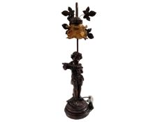 A figural table lamp with shade, girl with flute.