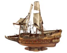 A wooden model of a galleon.