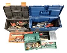 Three plastic tool boxes with lift out trays containing hand tools, drill bits etc.