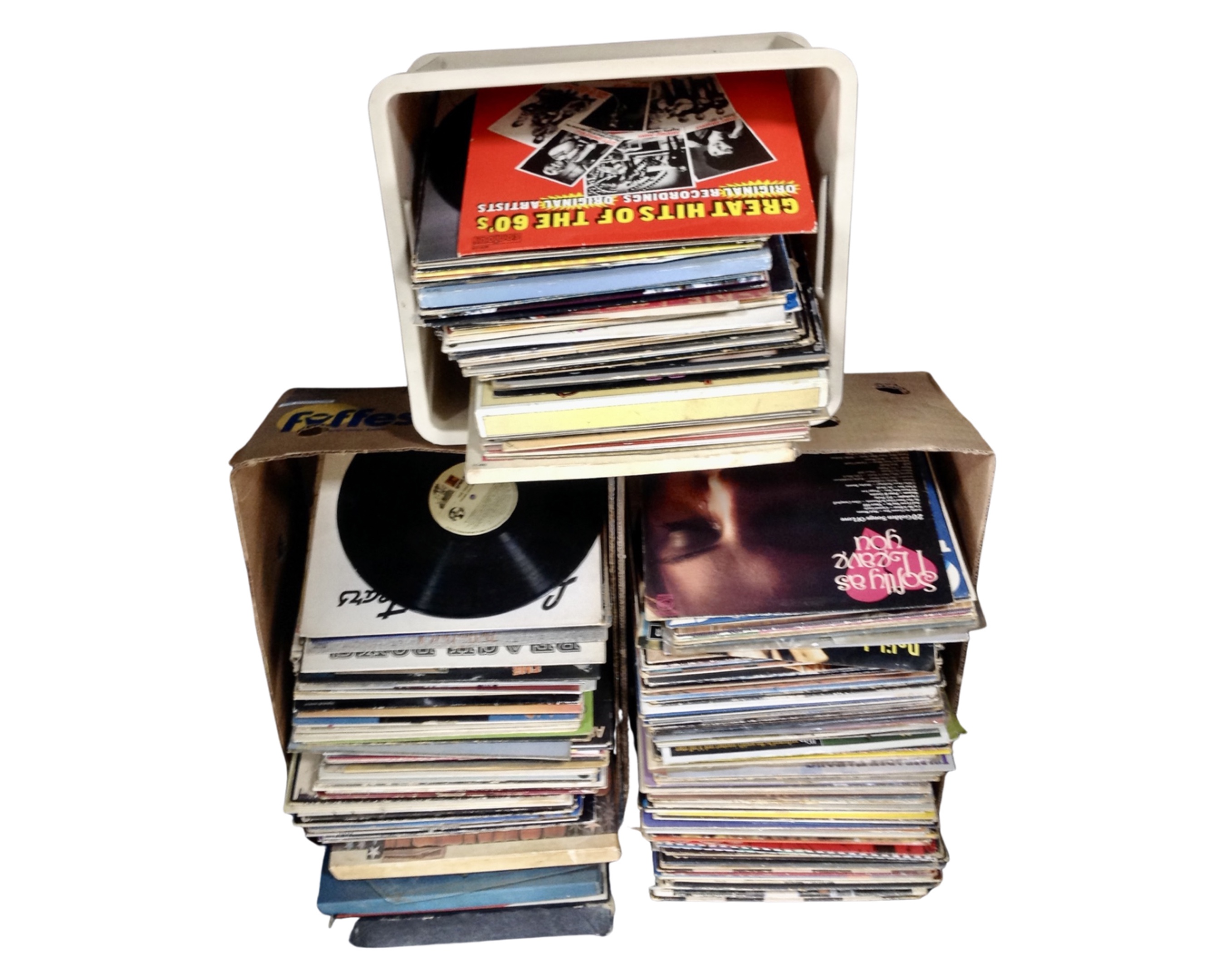Two boxes and a crate containing vinyl records including Blondie, Rod Stewart, compilations,