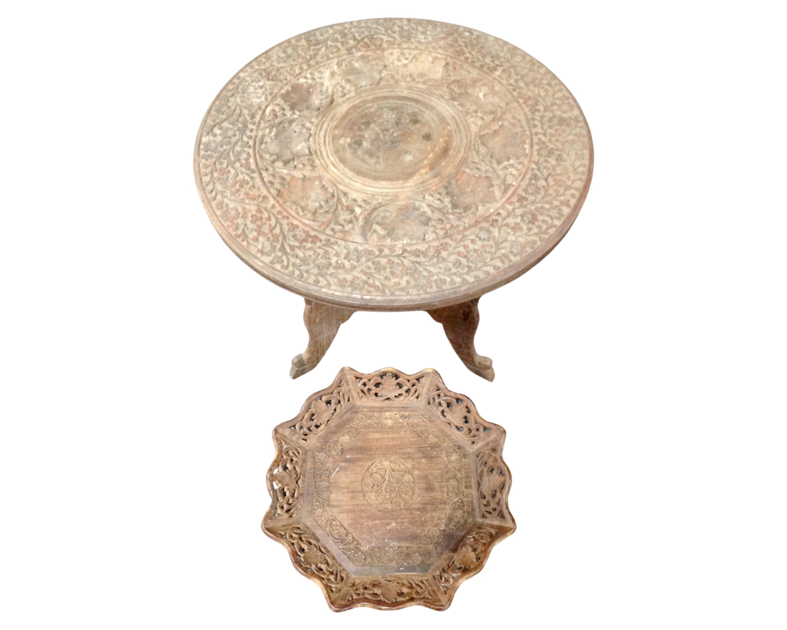 A carved Indian tripod occasional table together with a carved octagonal tray