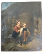 A 19th century oil painting on wooden panel depicting a seated girl and young child, unframed.