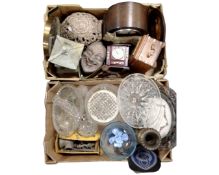 Two boxes containing pressed glass items, a vintage Spong mincer, an oak mantel clock, wall clocks,