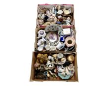 Three boxes containing ceramics including wall plates, Ringtons, Beswick animal figures (AF),