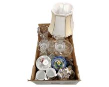 A box containing lead crystal vases, fruit bowl, dessert sets, tea china, Oriental style vase,