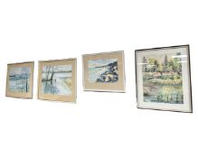 Four watercolour drawings depicting landscapes, signed Lise, largest measures 47cm by 35cm.