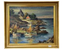 Continental School : Boats in a rocky cove, oil on canvas, 64cm by 54cm.