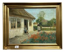 Continental School : Two figures by a thatched cottage, oil on canvas, 50cm by 37cm.