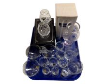 A tray containing assorted glassware including Caithness vase (boxed),