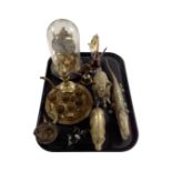A tray containing Venetian glass animals, brass animal figures, a crocodile nutcracker,
