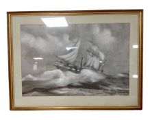 A charcoal drawing of a tall ship in rough seas, in frame and mount.