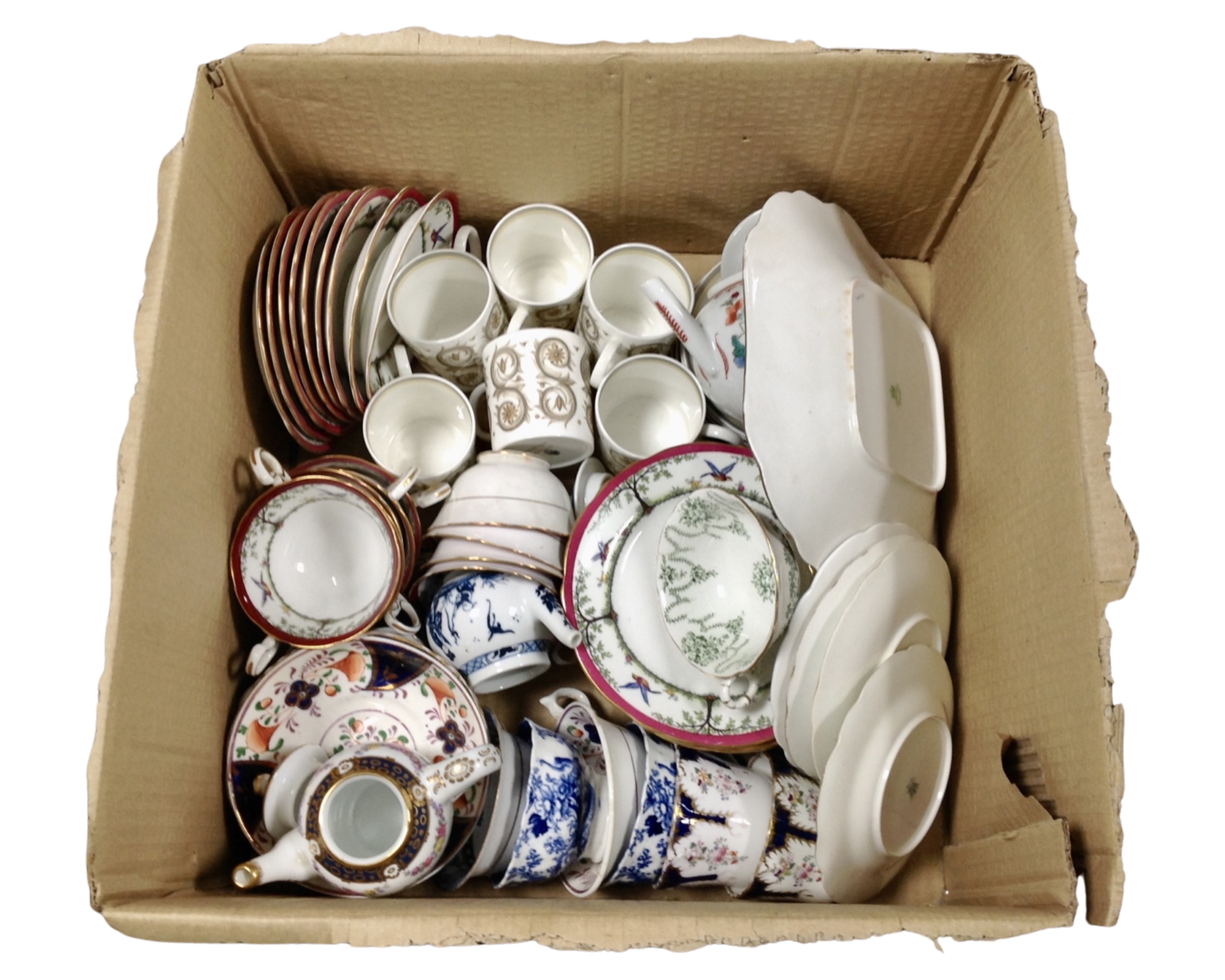 A box containing antique and later tea china including Coalport,