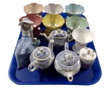 A tray containing assorted ceramics including a set of six lustre Beswick grapefruit dishes,