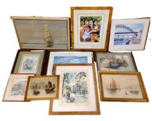Ten assorted pictures and watercolours including a M. M.