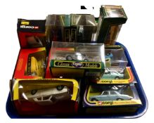 A tray containing 11 boxed Corgi die cast vehicles including classic cars, BT van etc.