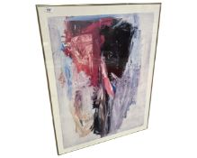An abstract colour print in a metal frame, 69cm by 90cm.