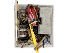 A large plastic crate containing hand tools, spirit levels, Powerdevil sander, Wickes bench grinder,