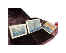 Three pictures depicting boats in rough seas, two watercolours and one oil,