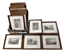A box containing a quantity of colour etchings including scenes of Newcastle, framed.