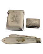 A silver vesta case together with a silver pill box and a silver fruit knife with mother of pearl