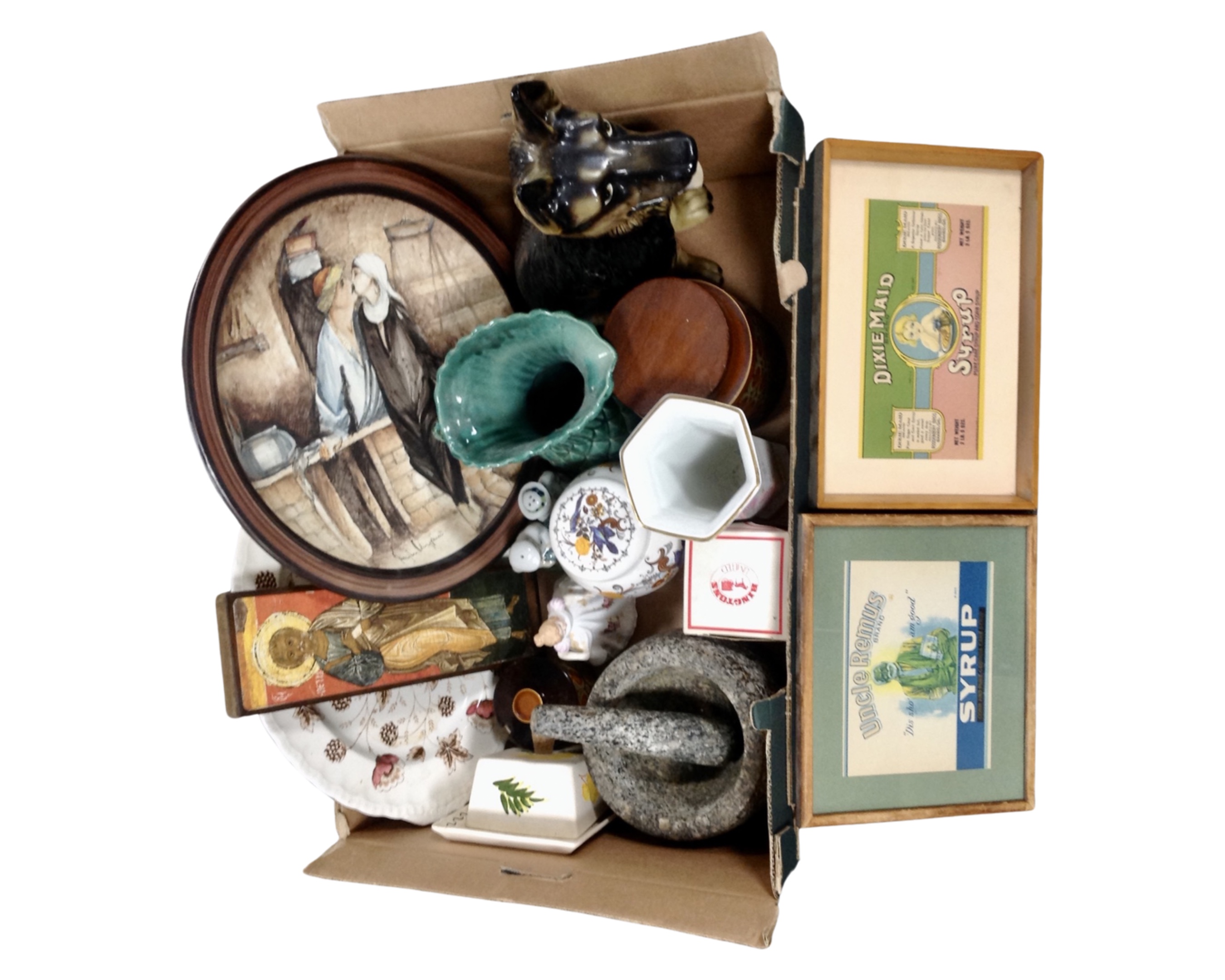 A box containing a marble pestle and mortar, Hornsea storage jar, Royal Doulton figure,