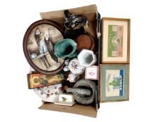 A box containing a marble pestle and mortar, Hornsea storage jar, Royal Doulton figure,