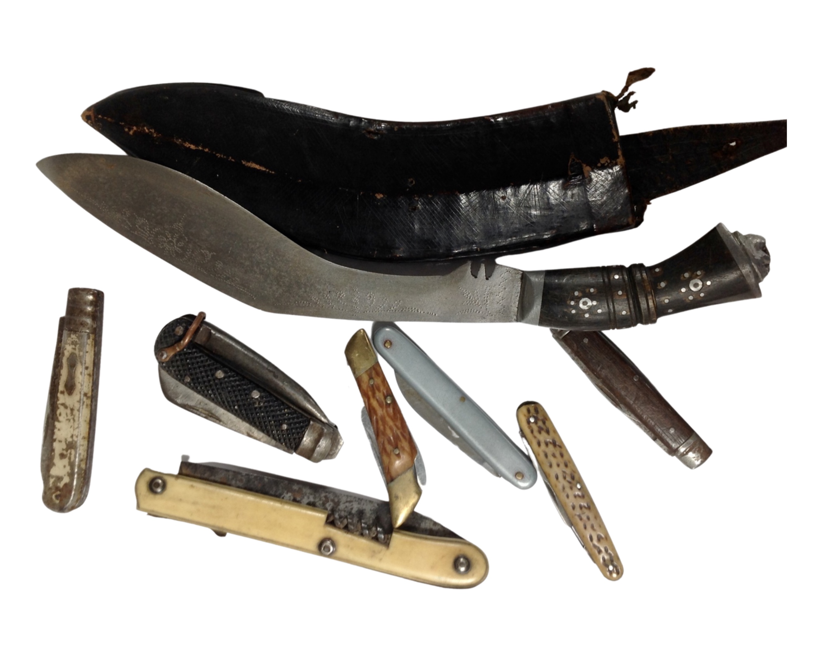 A tray containing Kukri knife in sheath together with seven further folding pocket knives.