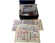 A box containing stamp albums, antique and later stamps of the world, First Day covers,