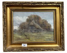 Continental School : Study of a barn, oil on canvas, indistinctly signed, 30cm by 23cm.