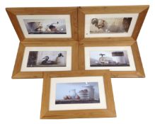 Five pine framed farmhouse prints.