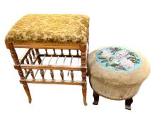 A 19th century circular beaded footstool together with a further Edwardian piano stool
