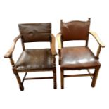 Two armchairs upholstered in brown studded leather