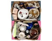 Two boxes of ceramics, dinner ware, glazed pottery oven dishes, oversized tea cups,