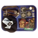 A tray containing commemorative crowns and coins, a gent's Timex wristwatch, girl guides,