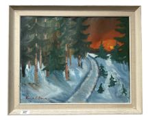 Continental School : A snow covered track at sunset, oil on canvas, indistinctly signed,