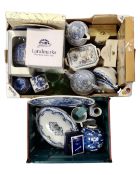 A box and basket containing boxed and un-boxed Ringtons ceramics, tureens, Chinese lidded urn,