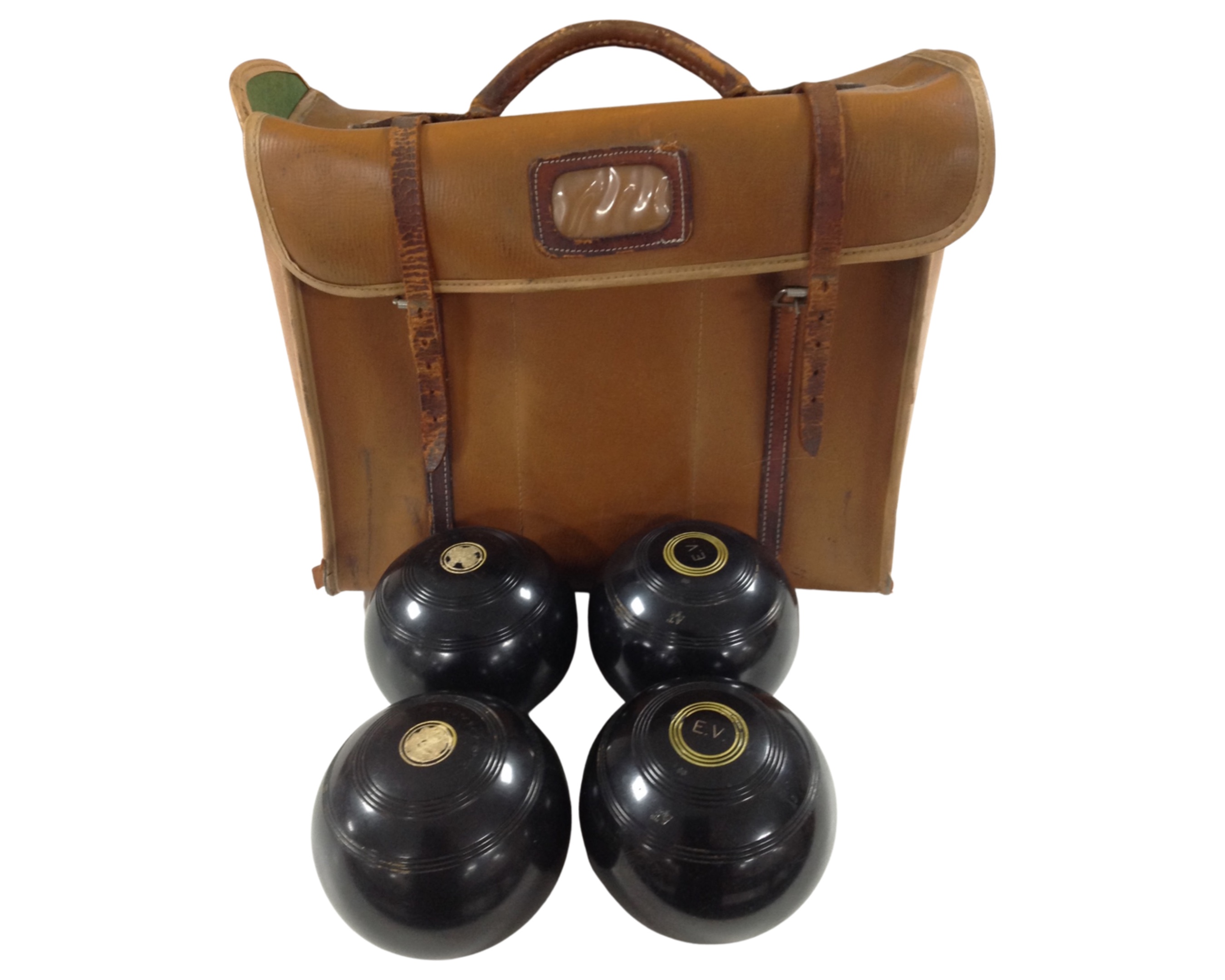 A lawn bowls bag containing a set of four Rinkmaster bowls.