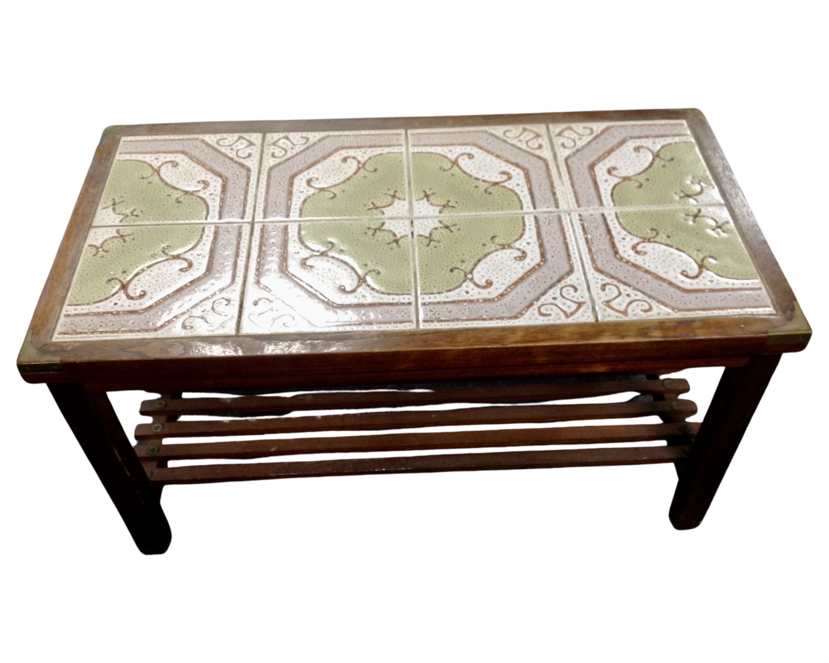 A tile topped coffee table with undershelf