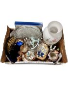 A box of Sylvac vase, Ironstone jug, glass ware, antique tea china,