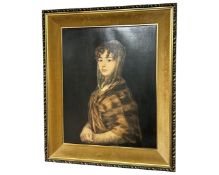 A colour print on canvas after Goya, 45cm by 55cm.