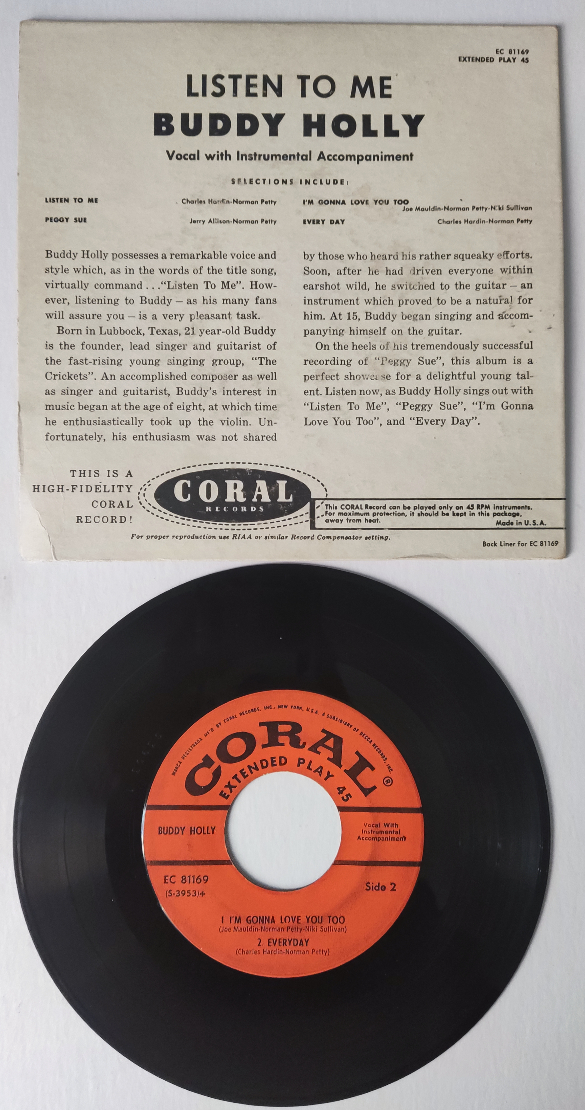 Buddy Holly - Listen to me 7" EP 1st pressing on the Coral orange label. - Image 2 of 2