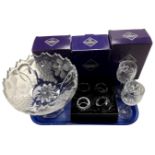 A tray containing assorted glassware including six Edinburgh crystal wine glasses (boxed) together