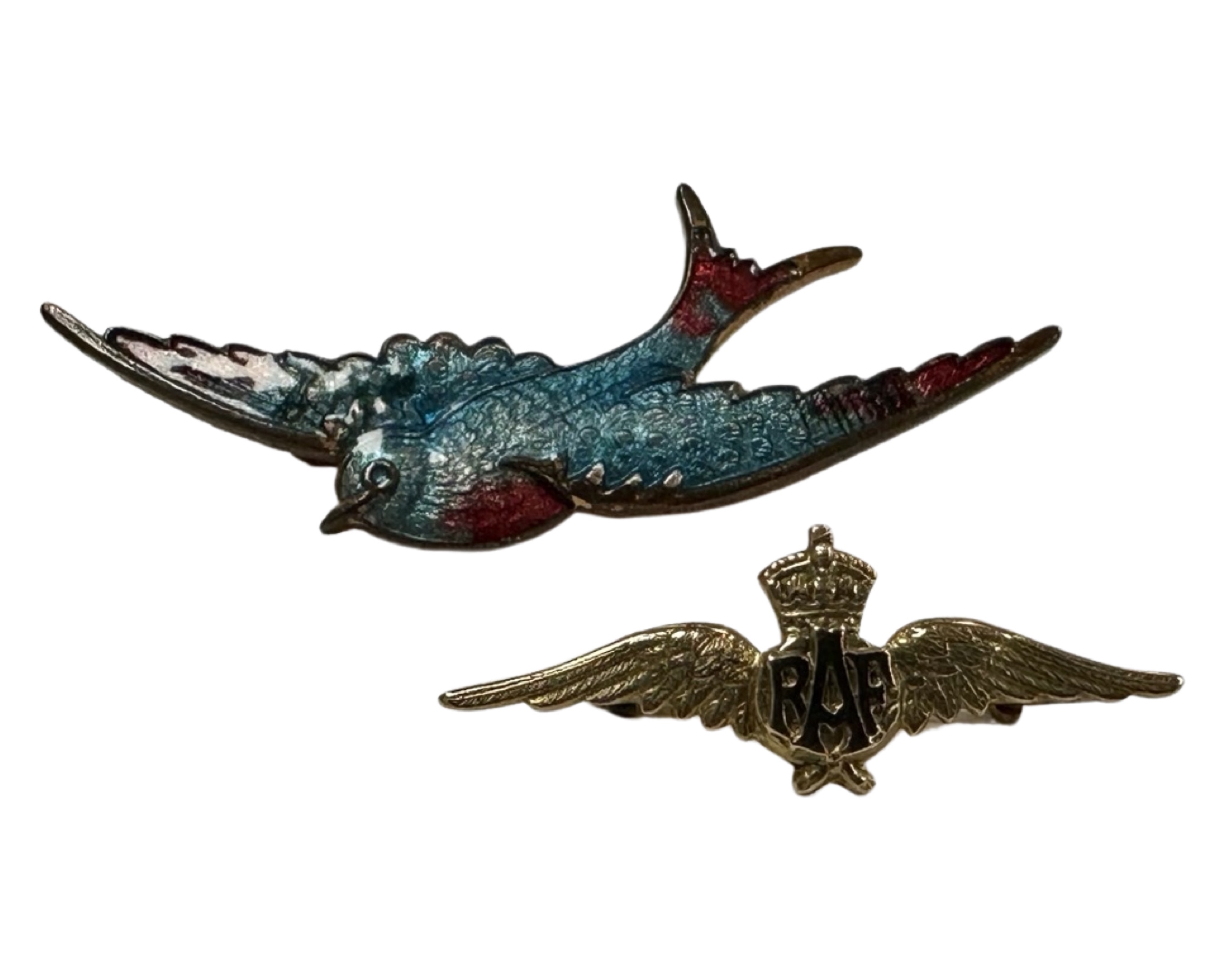 A 9ct gold RAF brooch, together with an enamelled bird brooch.