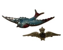 A 9ct gold RAF brooch, together with an enamelled bird brooch.