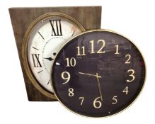 Two oversized battery operated wall clocks.