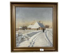 Continental School : Figures in snow, oil on canvas, 40cm by 42cm.